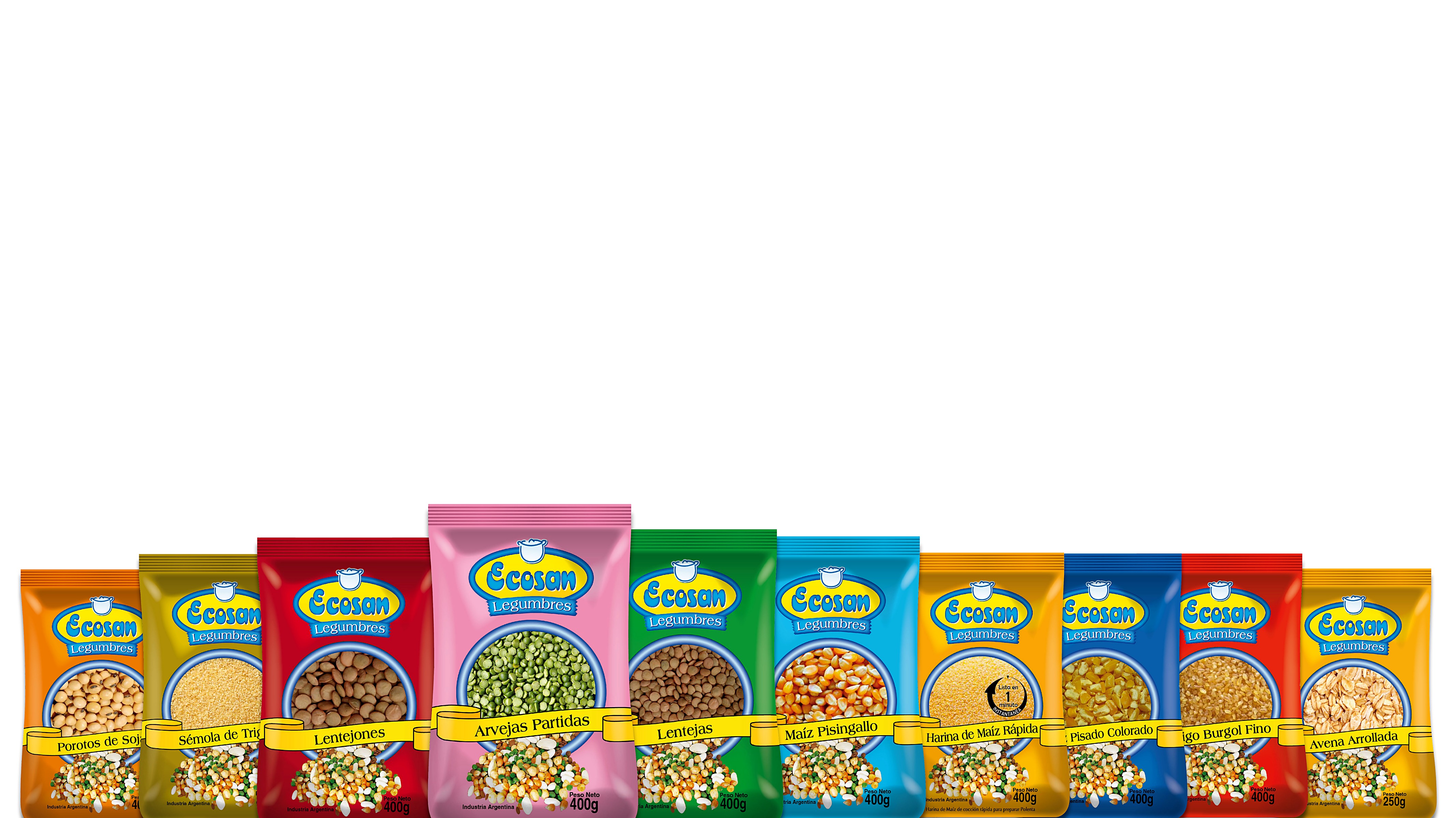 Familia de legumbres Ecosan: lentejas, garbanzos, arvejas, porotos, maíz y más